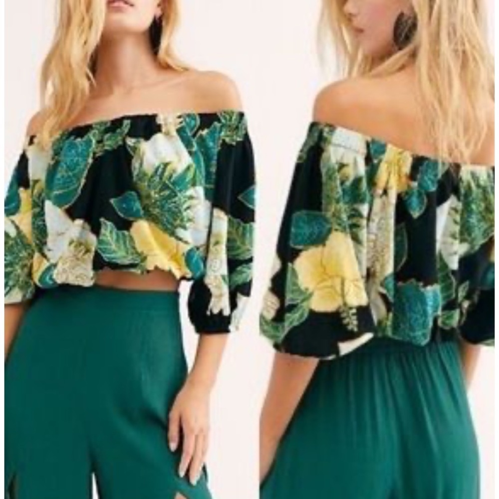 Free People Electric Day Floral Cropped Top‎ Emerald Green
